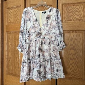 Blue B Pink floral midi dress with V-neckline, ruffled hem, size M